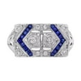 thumbnail image 1 of Art Deco East West Round Diamond Engagement Ring, Antique Filigree Shank Ring, Rectangle Shape Blue Sapphire Halo Ring, 925 Sterling Silver, 1.9 Ct Simulated Diamond, 1 of 5