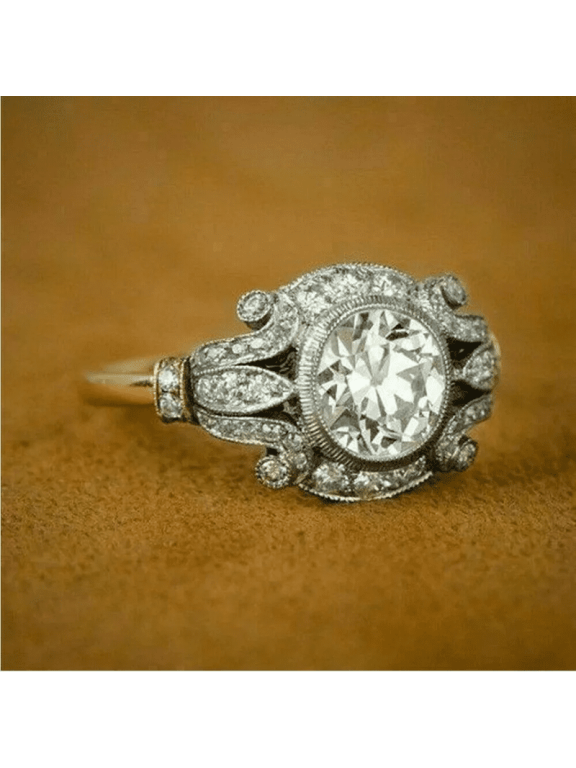 Art Deco Edwardian Style Simulated Diamond Wedding Ring 925 Sterling Silver Yellow Gold Finish