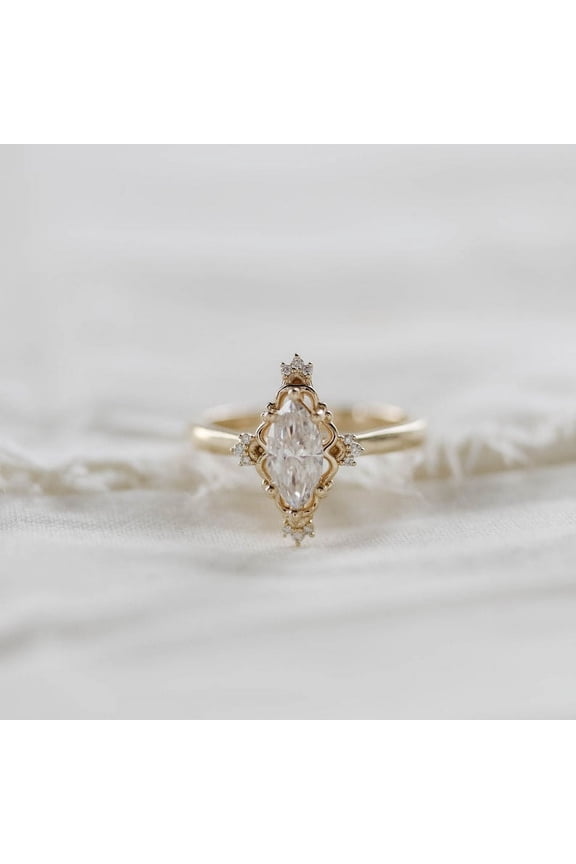 Art Deco Elegant Dainty 10K Solid Gold Thin Band Ring Inset Marquise Cut Crystal Handmade Ring Stacking Statement Gemstone Women Ring