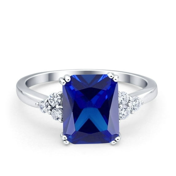 Art Deco Emerald Cut Ring Blue Sapphire CZ 925 Sterling Silver Size 5