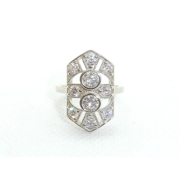 Art Deco Engagement Ring, 14K White Gold Plated, Women's Diamond Wedding Ring, 2.1 Ct Round Brilliant Cut Simulated Diamond, Promise Anniversary Ring