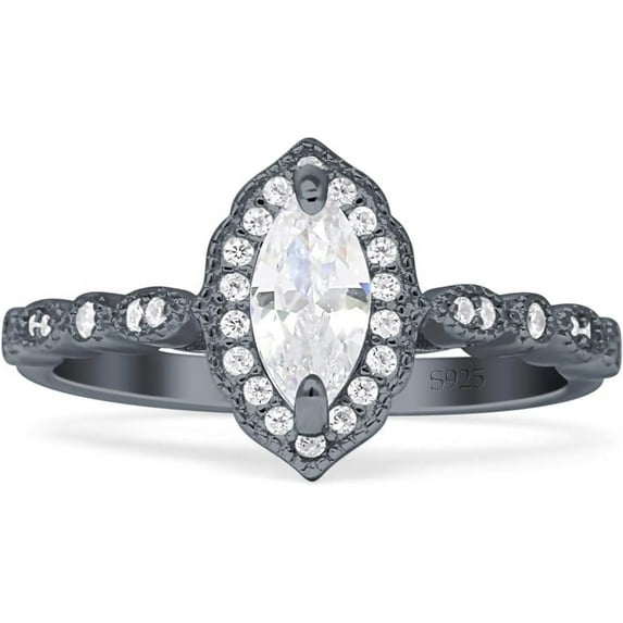 Art Deco Engagement Ring Cubic Zirconia Black Tone 925 Sterling Silver, Size 7