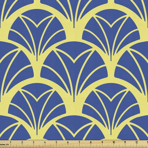 Art Deco Fabric by the Yard, Repetitive Abstract Modern Age Design Ideas Bicolored Leaves Print, Decorative Upholstery Fabric for Chairs & Home Accents, Yellow Blue by Ambesonne
