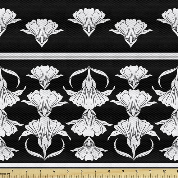 Ambesonne Art Deco Fabric by the Yard Upholstery, Classic Lily Petals Motif, 5 Yards, Black and White