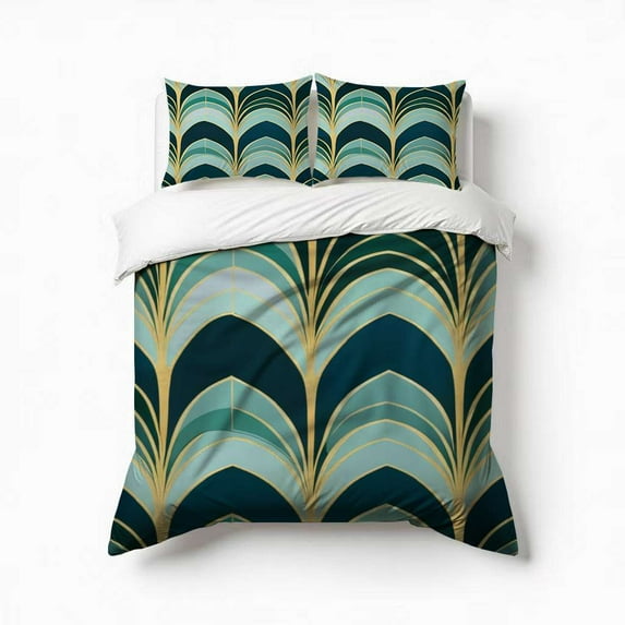 Art Deco Fan Pattern Bedding Set 3 Pcs Soft Microfiber Quilt Cover For Bedroom Decor, Comforter Cover With 2 Pillowcase