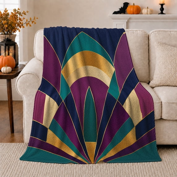 Art Deco Fan Pattern In Navy Plum Teal, Jewel-Tone Art Deco Style for Art Deco Decor Enthusiasts, Housewarming Gift with Cozy Flannel Blanket, Home Decor for Living Room And Bedroom And Lounge
