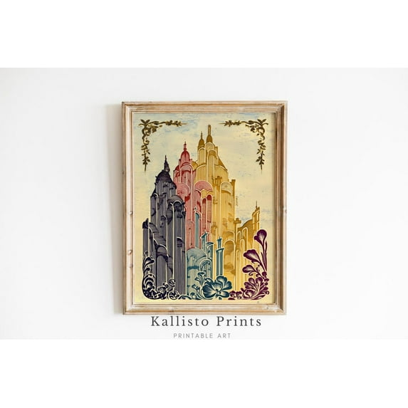 Art Deco Fantasy City Skyline Print Poster, Multicolor Urban Architecture Wall Art, Ornate Linework , Retro Futuristic Poster 1256, Size 12x18 UNFFRAMED F03.1.6l3052
