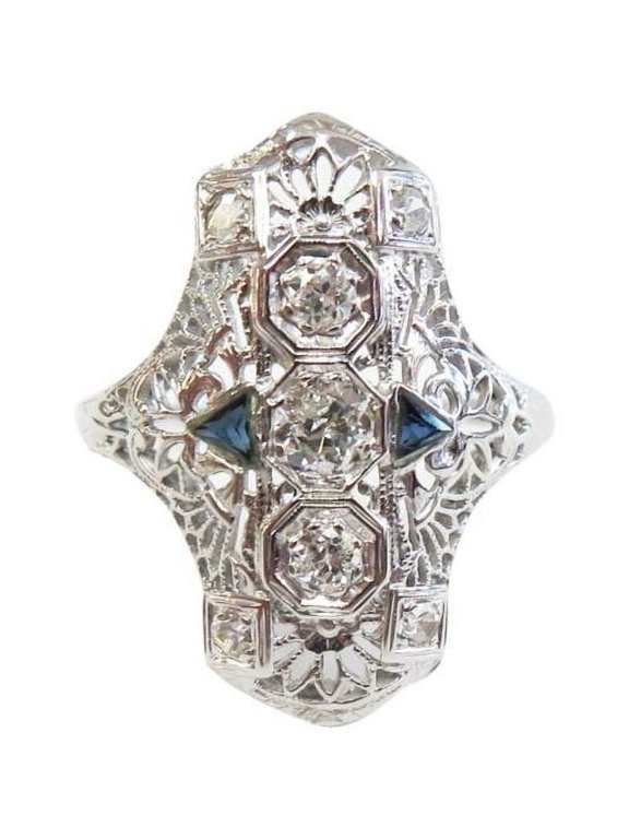 Art Deco Filigree Anniversary Ring, Edwardian three Stone Engagaement Ring, 2 Ct Simulated Round Brilliant Cut Diamond, 14K White Gold Plated, Promise Proposal Wedding Ring For Her Birthday Gift
