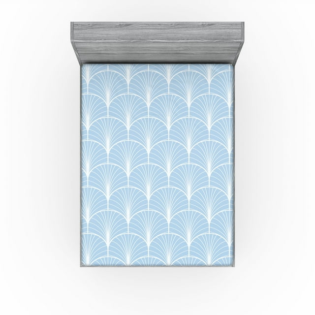 Art Deco Fitted Sheet, Geometric Peacock Fan Shape Like Semi Circles Vintage Bicolour Design, Decorative Soft Bedding All-round Elastic Pocket, Full Size, Pale Blue and White, by Ambesonne