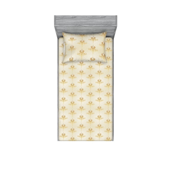Art Deco Fitted Sheet & Pillow Sham Set, Abstract Floral Pattern Arabesque Geometrical Design Repetitive, Decorative Printed 2 Piece Bedding Decor, Twin, Eggshell and Dark Mustard, by Ambesonne