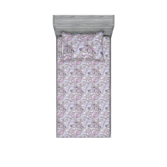 Art Deco Fitted Sheet & Pillow Sham Set, Curlicue Vintage Boho Ornaments on Pastel Colored Jumble Watercolor Backdrop, Decorative Printed 2 Piece Bedding Decor, Twin, Warm Taupe Lilac, by Ambesonne