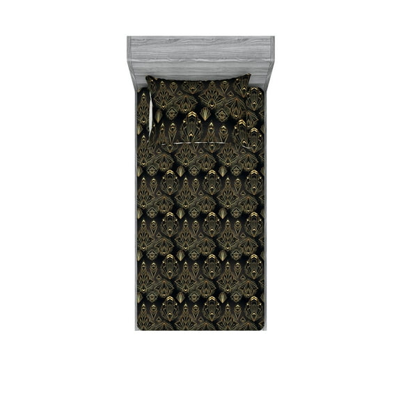 Art Deco Fitted Sheet & Pillow Sham Set, Geometrical Style Lines Multidimensional Look Orderly Repeated Pattern, Decorative Printed 2 Piece Bedding Decor, Twinxl, Charcoal Grey Mustard, by Ambesonne