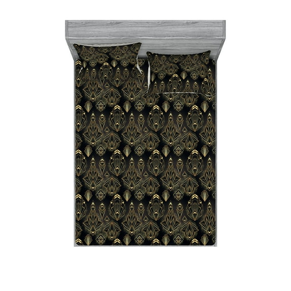 Art Deco Fitted Sheet & Pillow Sham Set, Geometrical Style Lines Multidimensional Look Orderly Repeated Pattern, Decorative Printed 3 Piece Bedding Decor, Queen, Charcoal Grey Mustard, by Ambesonne