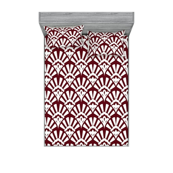 Art Deco Fitted Sheet & Pillow Sham Set, Lady's Hand Fan Inspired Motif Abstract Style of Vintage Pattern Artwork, Decorative Printed 3 Piece Bedding Decor, Queen, Maroon and White, by Ambesonne