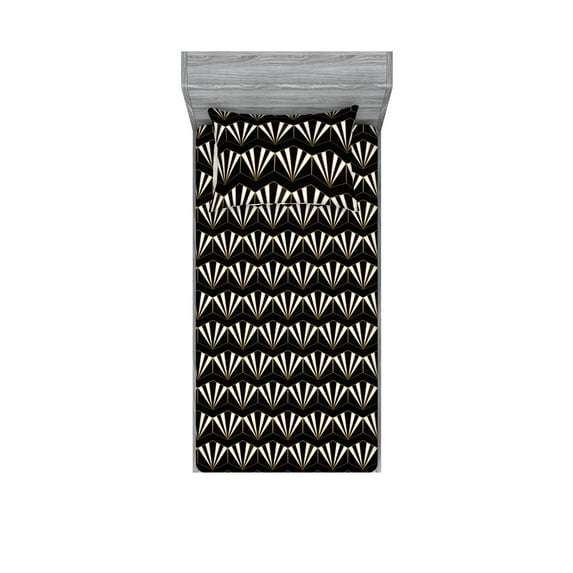 Art Deco Fitted Sheet & Pillow Sham Set, Nostalgic Design Retro Lines Style Vintage Hexagonal Shapes and Rays, Decorative Printed 2 Piece Bedding Decor, Twinxl, Fawn Black and White, by Ambesonne
