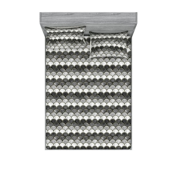 Art Deco Fitted Sheet & Pillow Sham Set, Wavy Like Circular Motifs Monochrome Style of Vintage Illustration, Decorative Printed 3 Piece Bedding Decor, Calking, Grey Coconut and Mustard, by Ambesonne