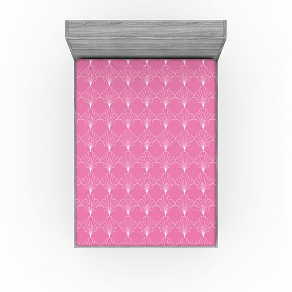 Art Deco Fitted Sheet, Shell Look Simplistic Pattern with Vintage and Classical Style Motif Print, Decorative Soft Bedding All-round Elastic Pocket, King Size, Pink and White, by Ambesonne