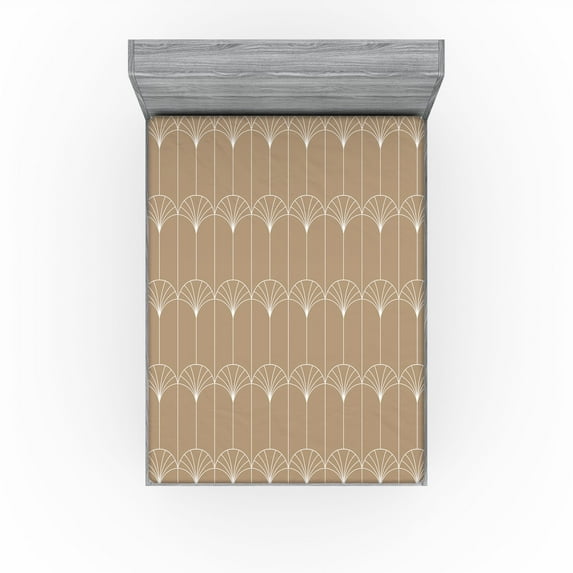Art Deco Fitted Sheet, Simple Lines Lattice Art Nouveau Style Vintage Grid Abstract Motif Print, Decorative Soft Bedding All-round Elastic Pocket, King Size, Pale Brown and White, by Ambesonne