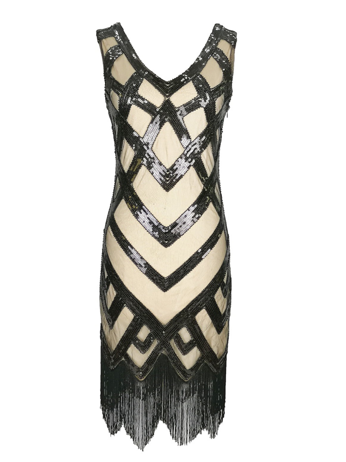 open lace back dress Zapaka Women 1920s Dress Black Sleeveless V-Neck Great Gatsby Party Dress, Black / XL main image 0