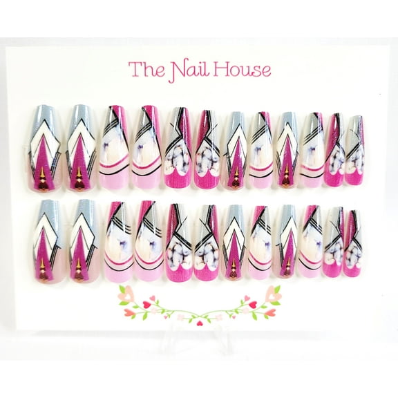 Art Deco Flare Coffin Press-On Nails By The Nail House NH - 24 Pieces