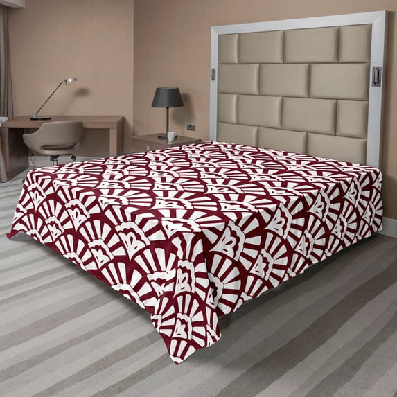 Ambesonne Art Deco Flat Bedding Sheet Soft Top Sheet, Lady Fan Motif Abstract, California King, Maroon and White