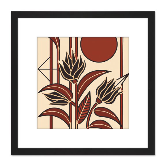 Art Deco Flower Earthy Tones Simple Geometric Shapes Painting Square Wooden Framed Wall Art Print Picture 8X8 Inch
