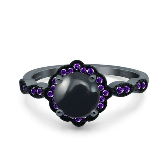 Art Deco Flower Round Natural Black Onyx Wedding Ring 925 Sterling ...