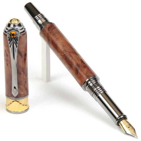 Art Deco Fountain Pen - Thuya Burl with 22kt Gold Plate and Black Titanium Nitride Plating