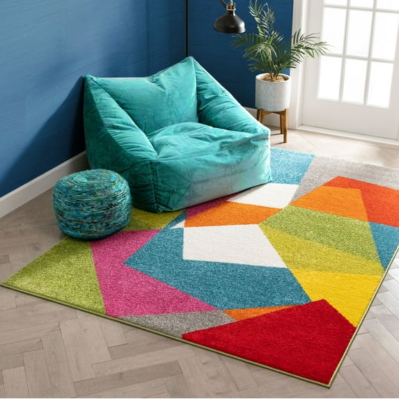 Art Deco Geos Multi Cubes Yellow Orange Blue Modern Abstract Shapes Colorful 8x10 ( 7'10" x 9'10" ) Area Rug Easy Clean Stain Fade Resistant Contemporary Art Boxes Square Geometric Thick Soft Plush
