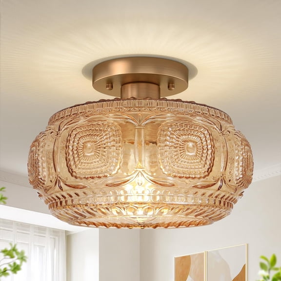 Art Deco Globe Glass Semi Flush Mount Ceiling Light Fixture for Kitchen, Hallway, Bedroom - E26 Base, Bulb Not Included