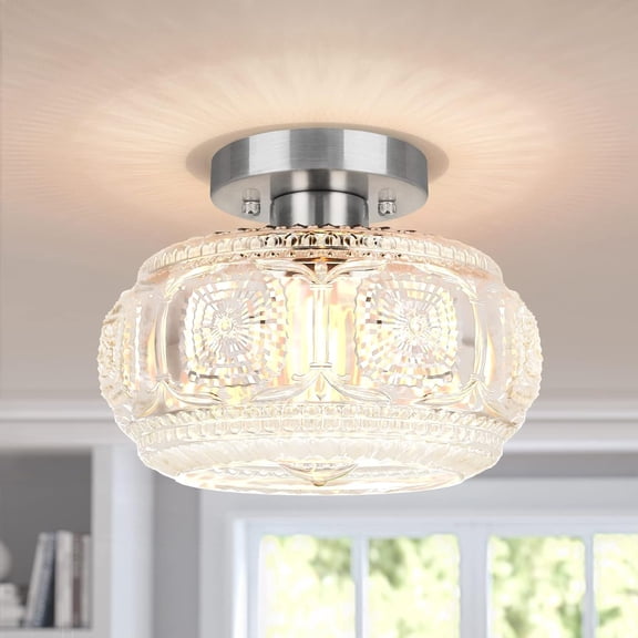 Art Deco Globe Glass Semi Flush Mount Ceiling Light Fixture for Kitchen, Hallway, Bedroom - E26 Base, Bulb Not Included