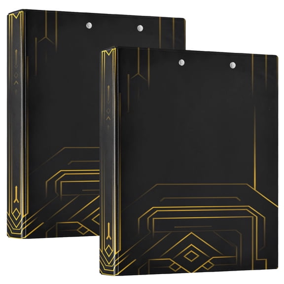 Art Deco Gold 12.4x10.6in PVC Round Ring Binders, 2-Pack, D-Ring 3-Hole, Metal Clip