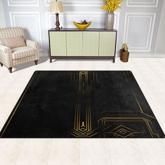 Art Deco Gold 80''x58'' Extra Large Plush Memory Foam Rug, Soft, Absorbent, Non Slip