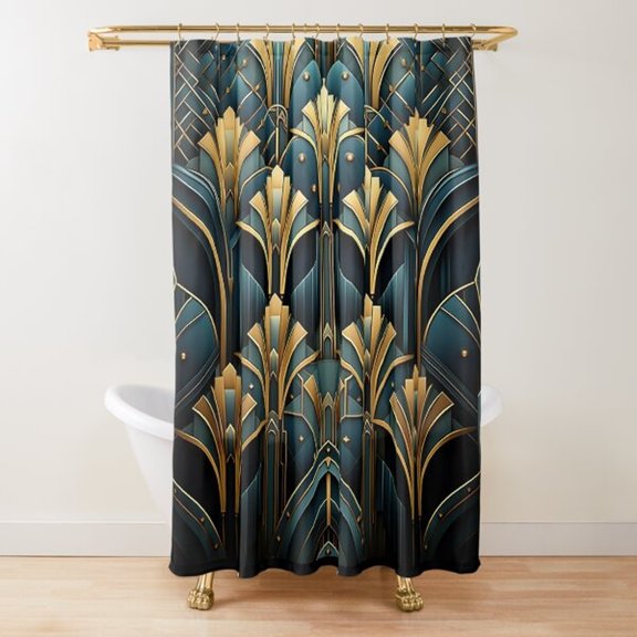 Art Deco Gold Fan and Dark Teal Geometric Shower Curtain, 100% Polyester, Glam Bathroom Decor