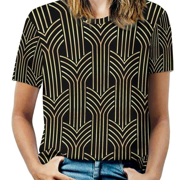 Art Deco Gold Pattern Women's Short Sleeve T-Shirt Crew Neck Casual Summer Trendy Loose Fit Tops
