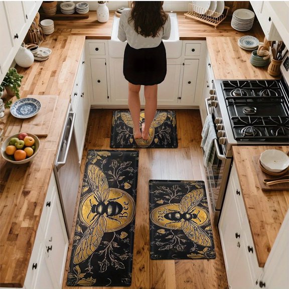 Art Deco Golden Bee Flannel Kitchen Mat Set, Washable Non-Slip Floor Rug for Kitchen Bathroom Door, Dark Background Absorbent Mat