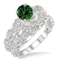 Art Deco Green Emerald 6mm Round Cut Moissanite Diamond 2 Carat Infinity Antique Bridal Set On 10k White Gold