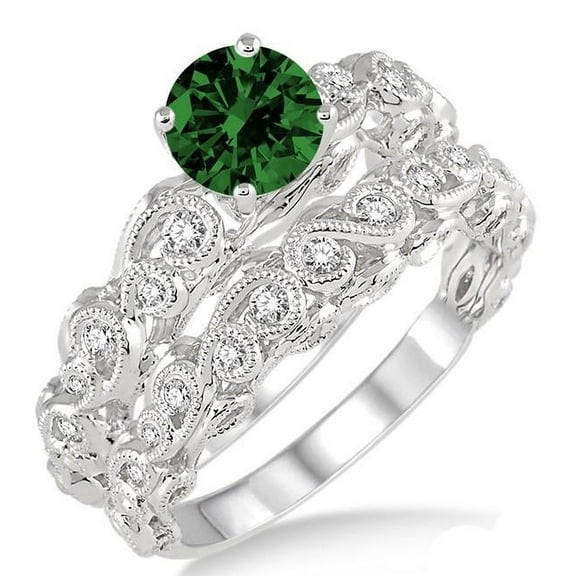 Art Deco Green Emerald 6mm Round Cut Moissanite Diamond 2 Carat Infinity Antique Bridal Set On 10k White Gold