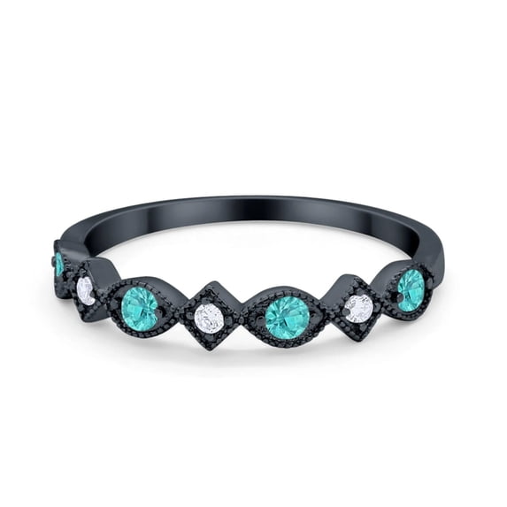 Art Deco Half Eternity Ring Black Tone Paraiba Tourmaline CZ 925 Sterling Silver Size 9