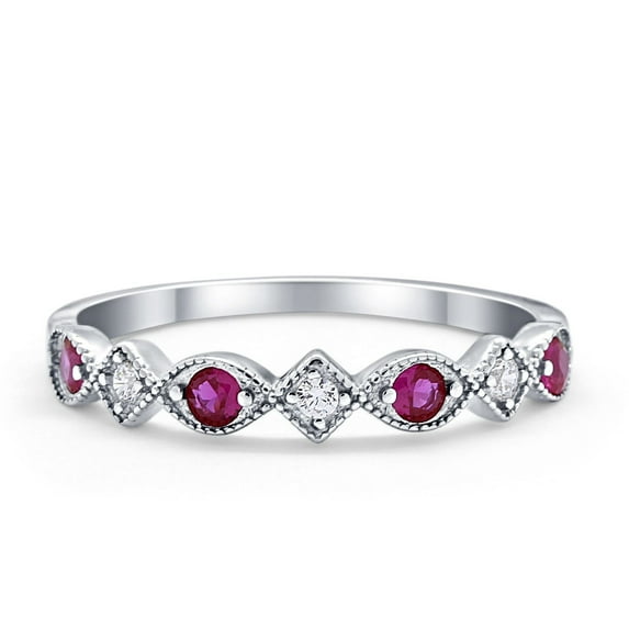 Art Deco Half Eternity Ring Ruby CZ 925 Sterling Silver Size 7