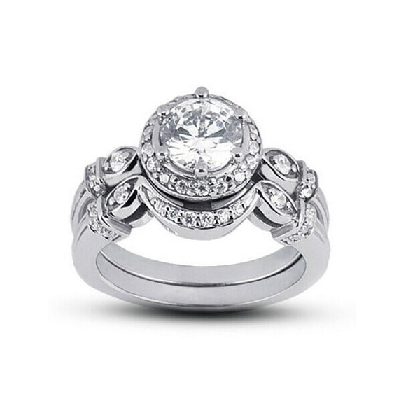 Art Deco Halo Bridal Set Stackable Engagement Rings 1.9 Ct Diamond 14K White Gold Over