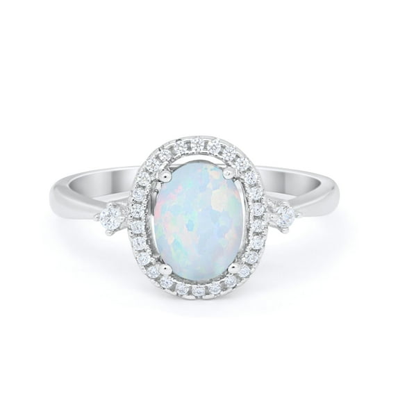 Art Deco Halo Oval Ring Lab Created White Opal 925 Sterling Silver Size 6