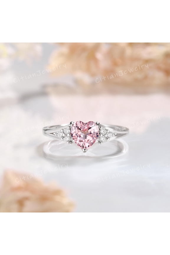 Art Deco Heart Cut Pink Sapphire Engagement Ring White Gold Moissanite Cluster Wedding Ring Promise Ring Anniversary Rings for Women