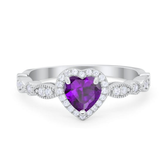 Art Deco Heart Promise Ring Amethyst CZ 925 Sterling Silver Size 10