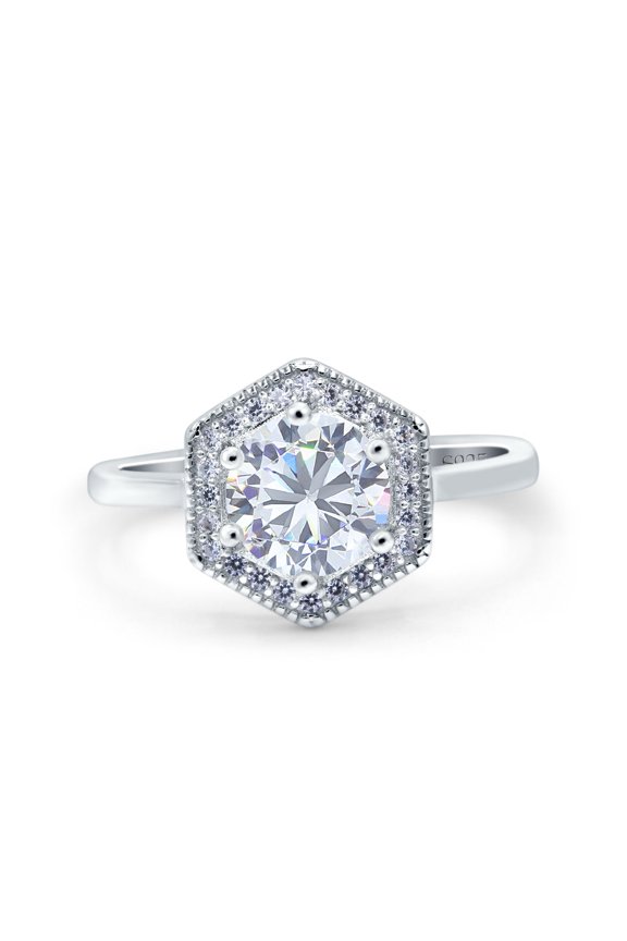 Art Deco Hexagon Shape Wedding Ring Round CZ 925 Sterling Silver Size 10