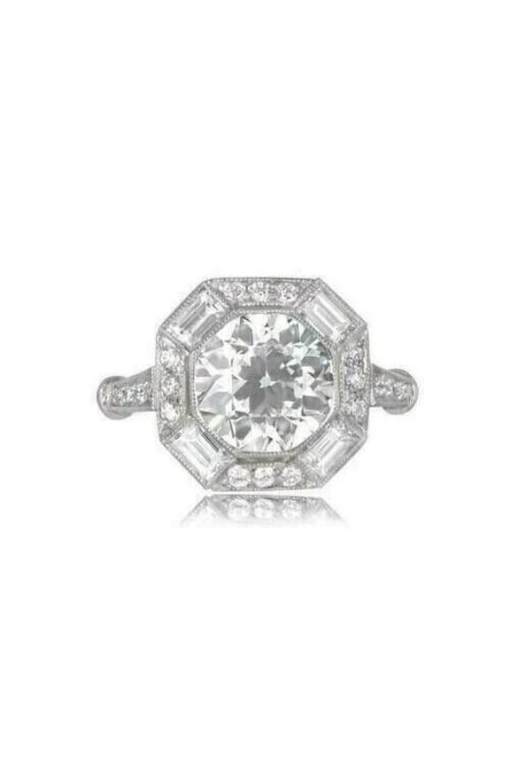 Art Deco Hexagon Wedding Ring, Vintage Halo Diamond Engagement Ring, Milgrain Round Cut Diamond Ring, Women's Accents Anniversary Ring, 2.2 Ct Simulated Diamond, 14K White Gold Plated