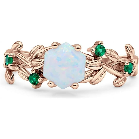 Art Deco Hexagonal Tree Leaf White Opal Rose Tone 925 Sterling Sliver, Size 9
