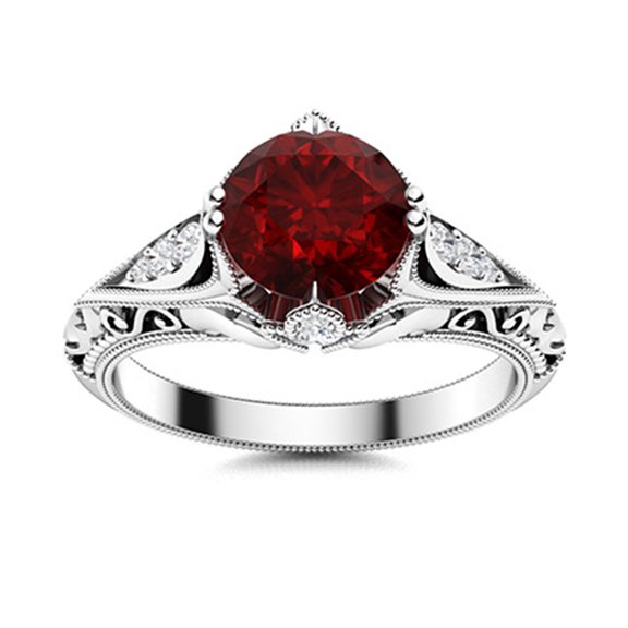 Art Deco Inspired 7MM Round Garnet 925 Sterling Silver Women Boho Ring