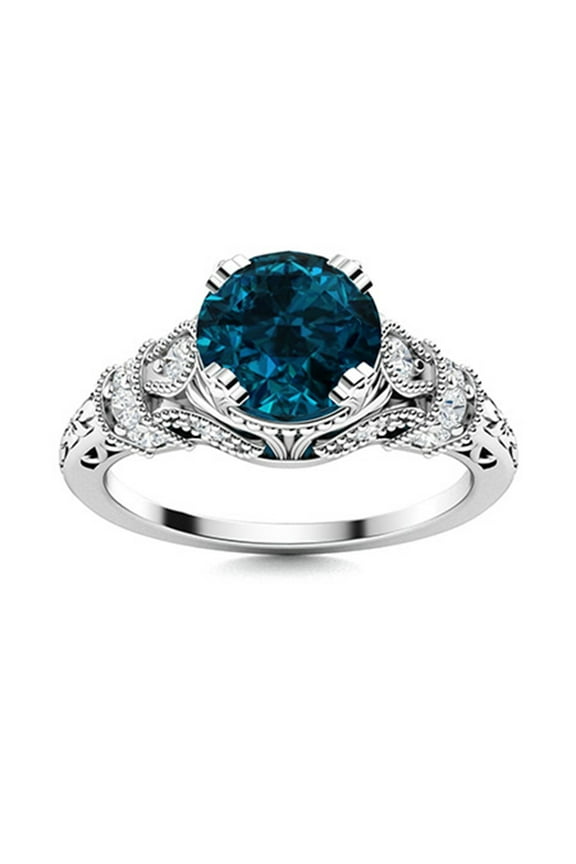 Art Deco Inspired 7MM Round London Blue Topaz 925 Sterling Silver Women Boho Ring