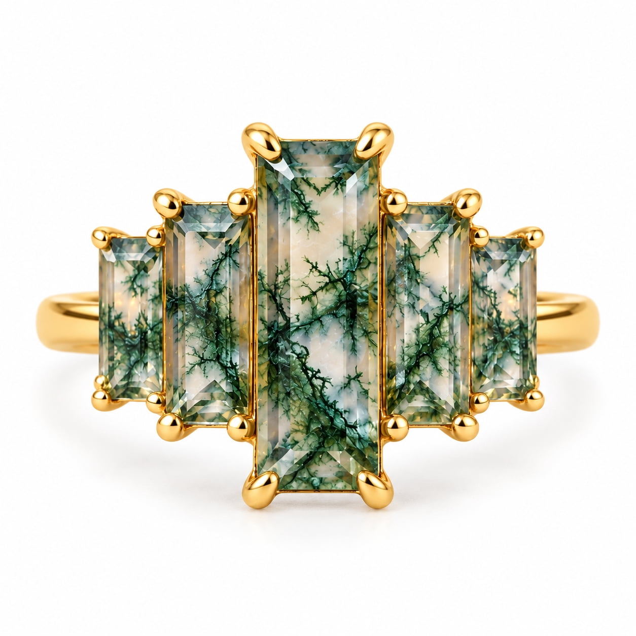 Art Deco Lab Created Moss Agate Engagement Ring, Five Stone Baguette ...